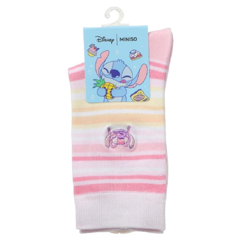 Disney Stitch Dinner Party Collection Pink Striped Embroidered Socks Size 5-7.5