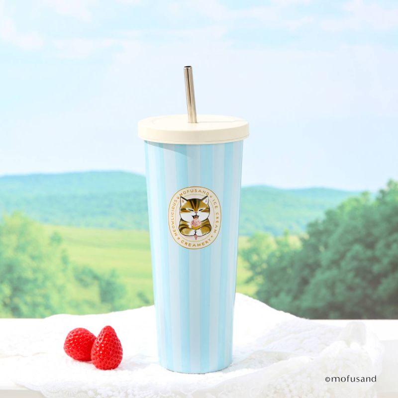 Mofusand Ice Cream Collection Blue Striped Tumbler & Straw