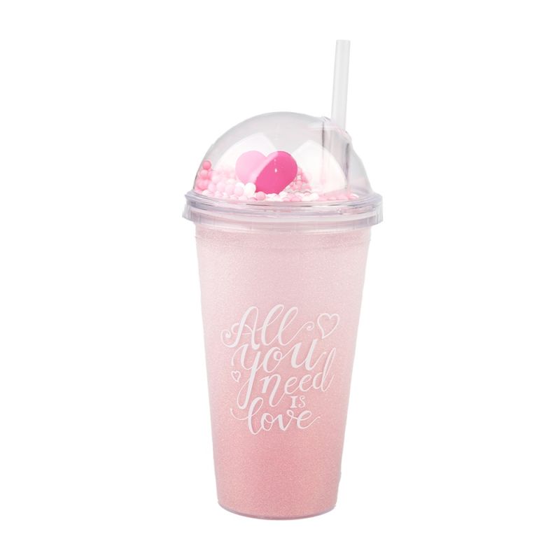 Pink Romance Series Double-Layer Straw Plastic Cup 460ml