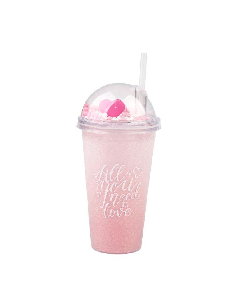 Pink Romance Series Double-Layer Straw Plastic Cup 460ml