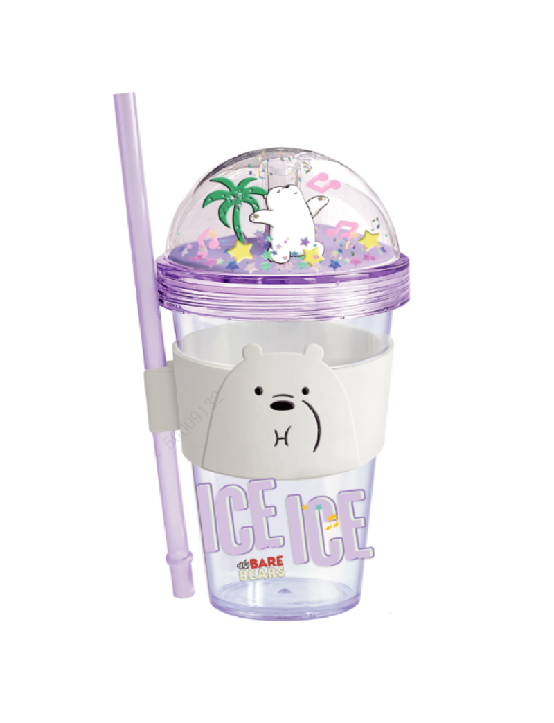 We Bare Bears Ice Bear Seaside Music Festival Glitter Plastic Bottle With Straw and Sleeve 420ml