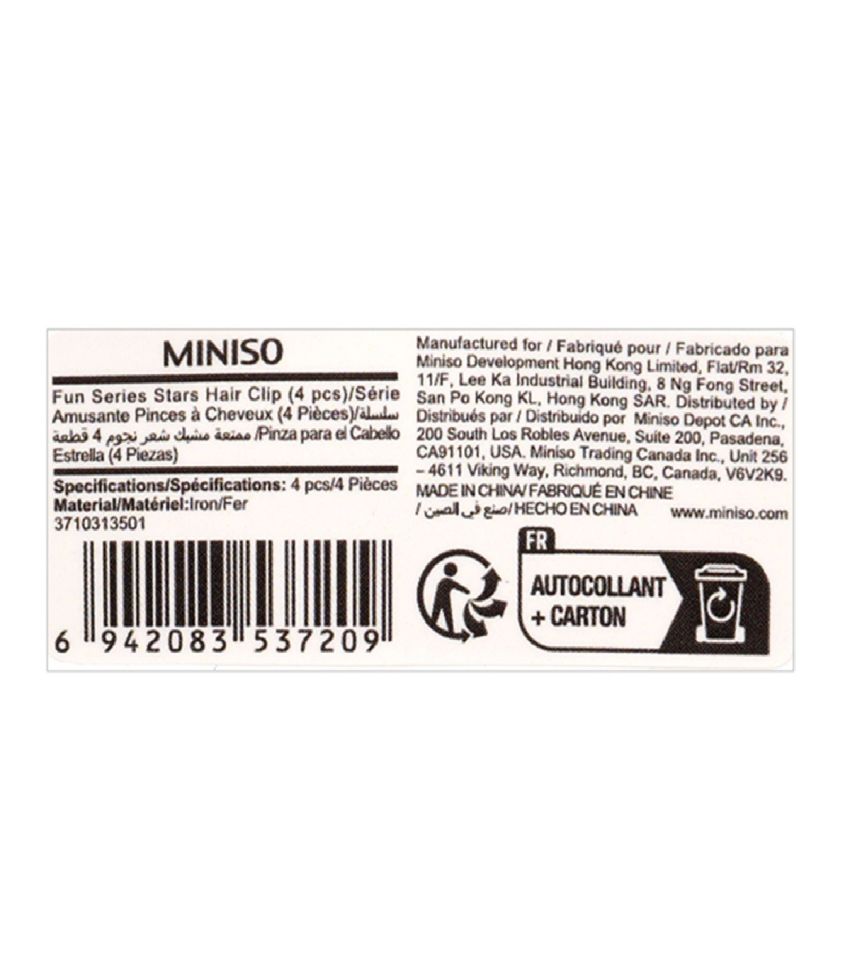 MINISO Fun Series Stars Hair Clip Pack Of 4 (Assorted Colours)