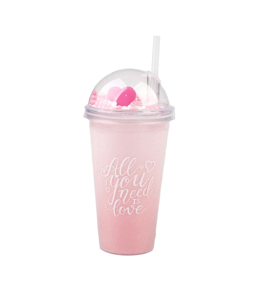Pink Romance Series Double-Layer Straw Plastic Cup 460ml