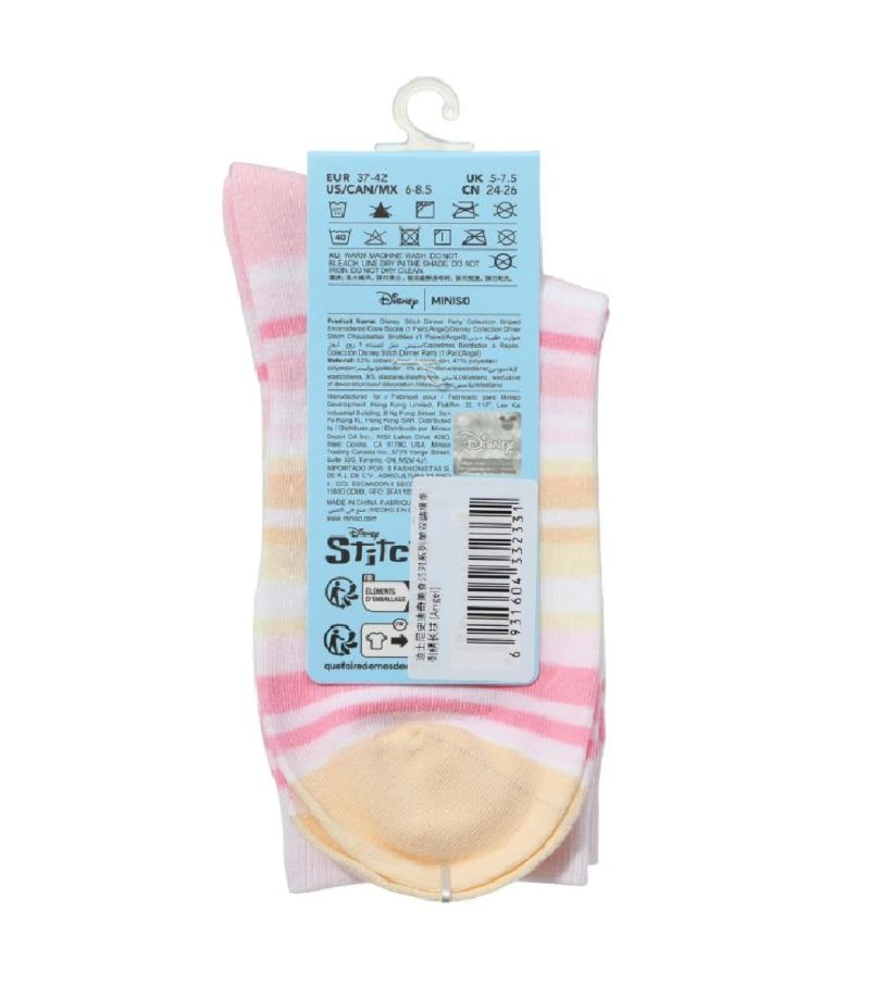 Disney Stitch Dinner Party Collection Pink Striped Embroidered Socks Size 5-7.5