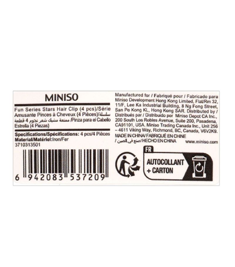 MINISO Fun Series Stars Hair Clip Pack Of 4 (Assorted Colours)