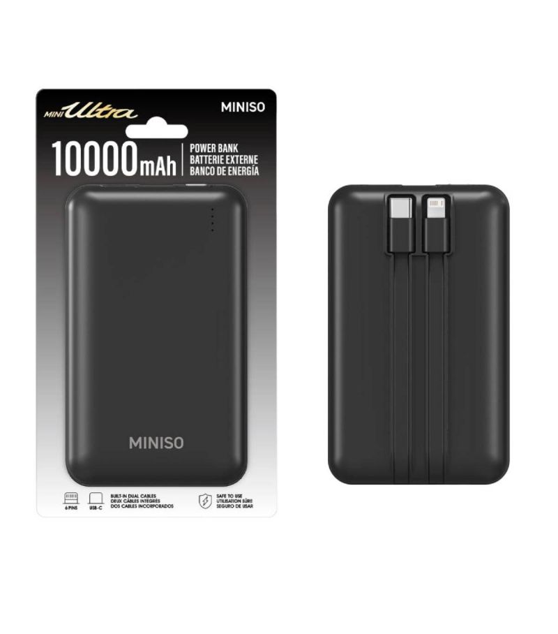 MINISO 10000mAh Black Mini Power Bank with Dual Cables 
