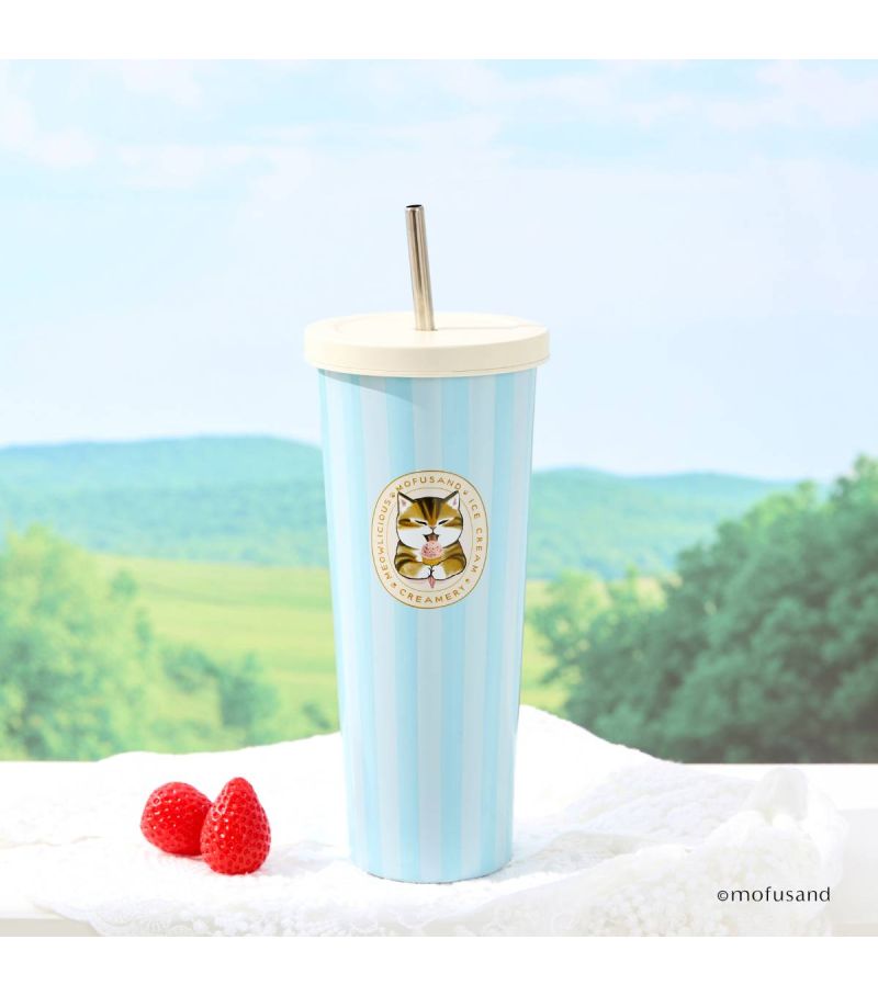 Mofusand Ice Cream Collection Blue Striped Tumbler & Straw