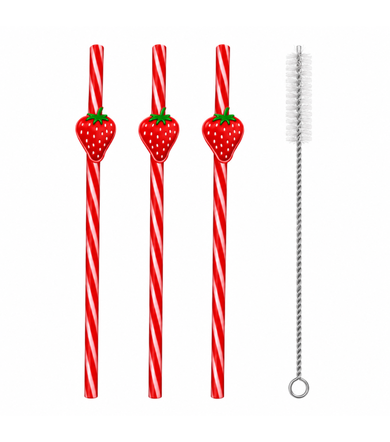 MINISO Strawberry Series Straws Set Of 3 & Cleaning Brush